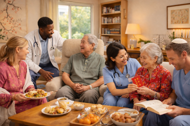 Seniors sharing a meal with a caregiver in an assisted living community